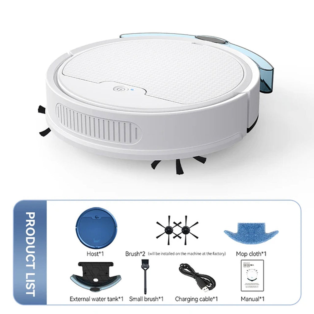 NestikDust Robot Vacuum with product list on a white background