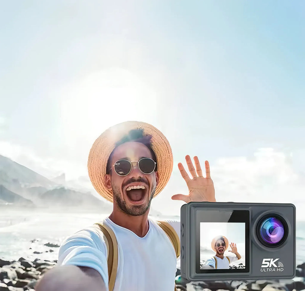 Man taking a selfie with a 5K Ultra HD Nordzens Action Camera on a beach.