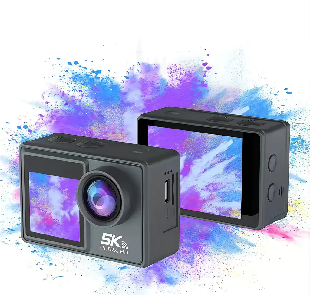 Nordzens Action Camera with screen and black housing on a colorful abstract background
