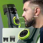 Nordzens Beard Trimmer with adjustable settings on a green background, showing close-up of a man's face with labeled facial hair areas.