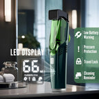 Green Nordzens Beard Trimmer cleaner with LED display on a bathroom counter