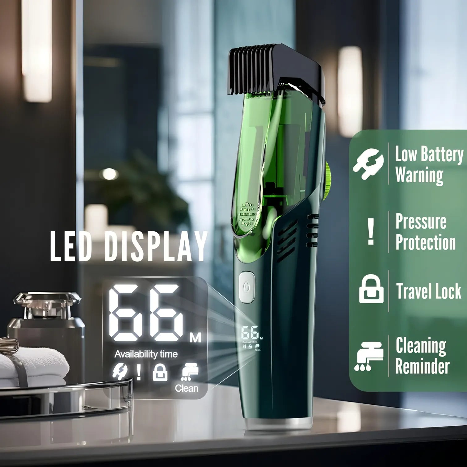 Green Nordzens Beard Trimmer cleaner with LED display on a bathroom counter