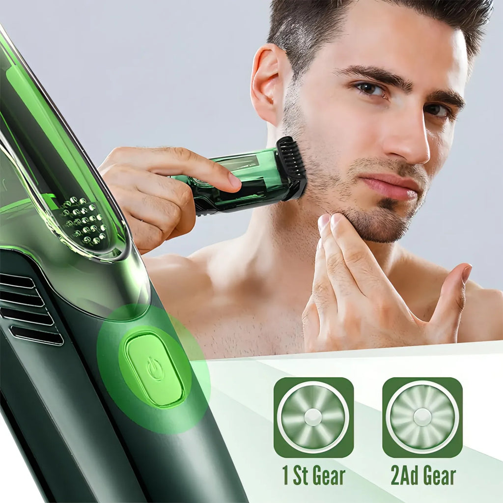 Man using a green Nordzens Beard Trimmer with close-up details on a gray background