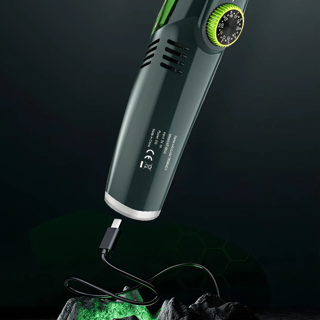Green and black Nordzens Beard Trimmer with a cord on a dark background