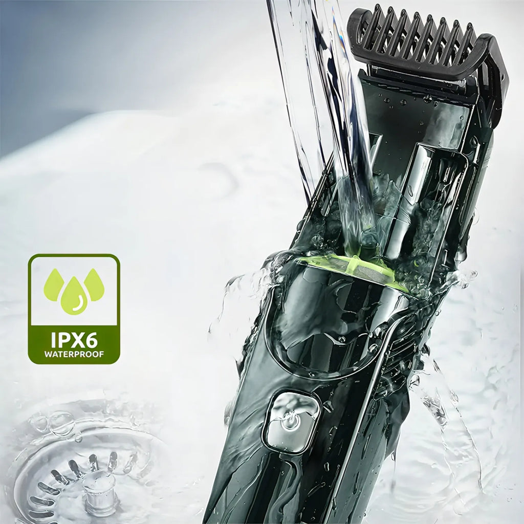 Nordzens Beard Trimmer being rinsed with water, featuring an IPX6 waterproof label.