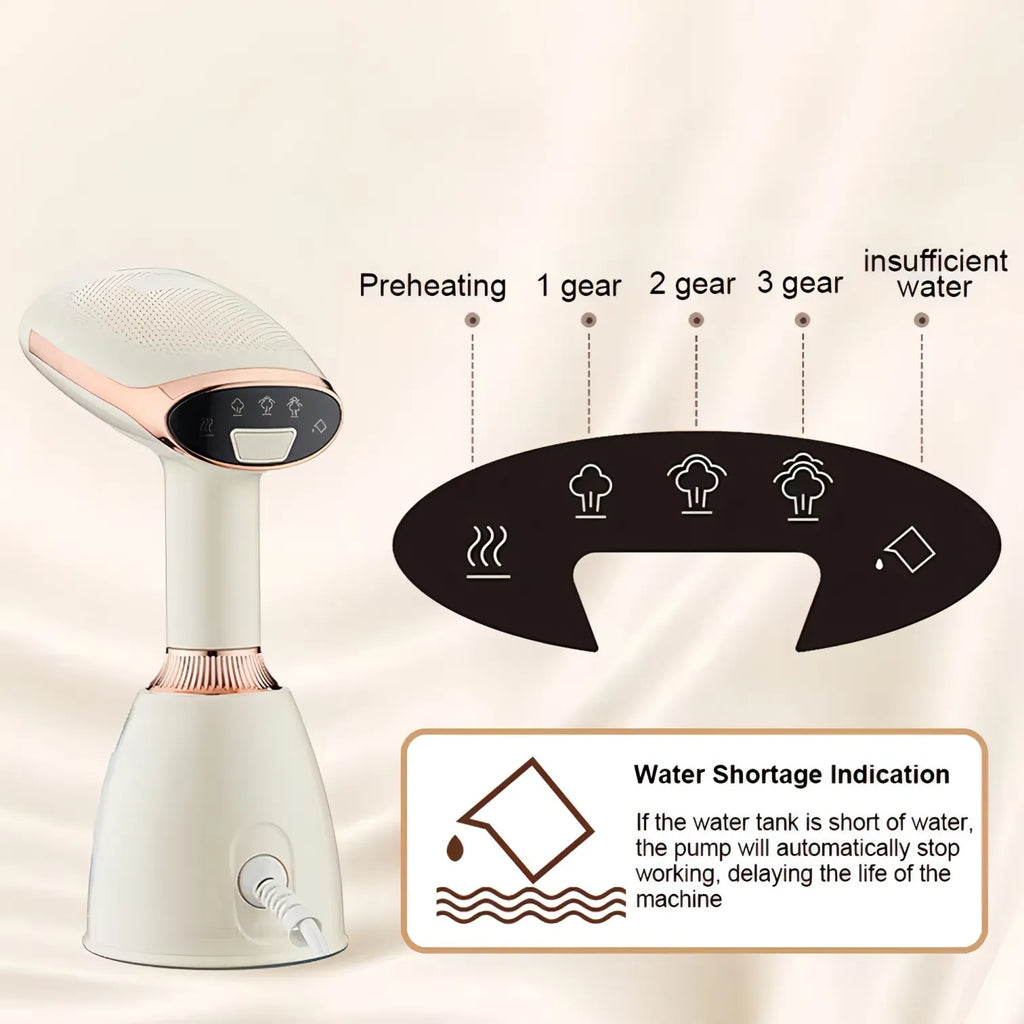 White handheld Nordzens Garment Steamer with control panel and water shortage indication on a beige background