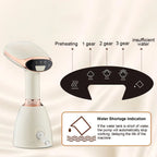 White handheld Nordzens Garment Steamer with control panel and water shortage indication on a beige background