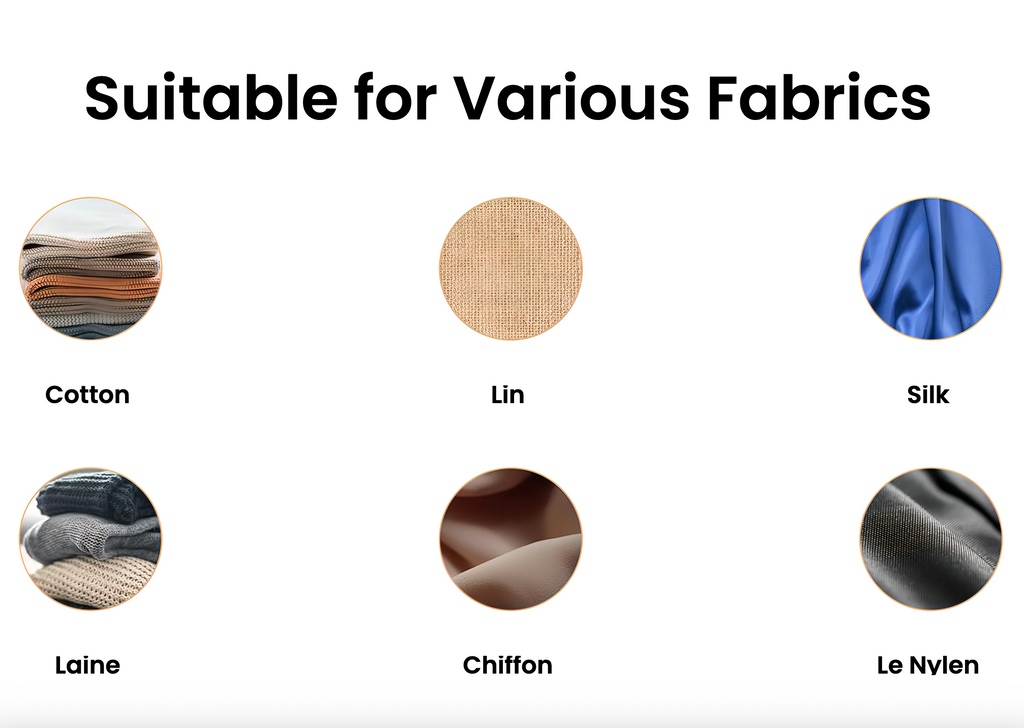 Illustrations of various fabrics with labels on a white background