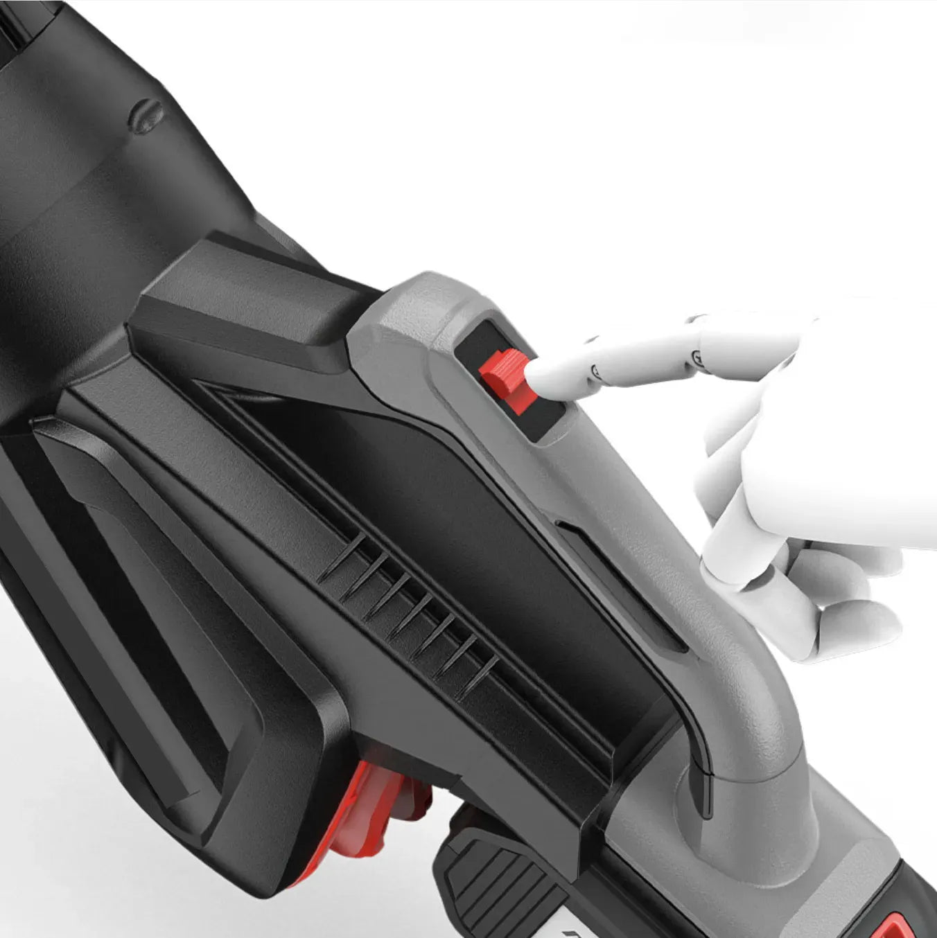 Close-up of a black and gray Nordzens Leaf Blower with a red switch on a white background