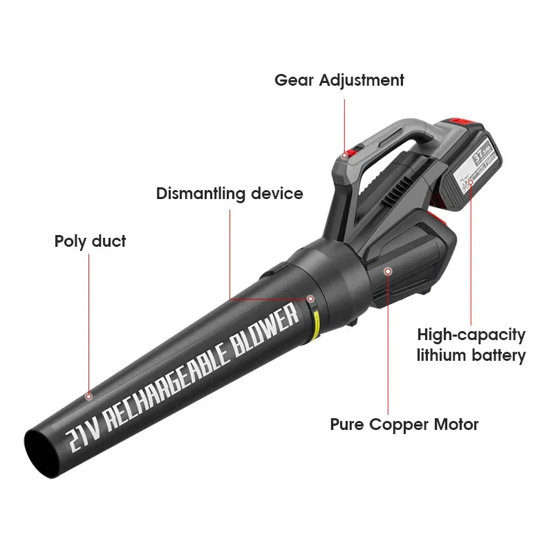 Black rechargeable Nordzens Leaf Blower with labeled features on a white background
