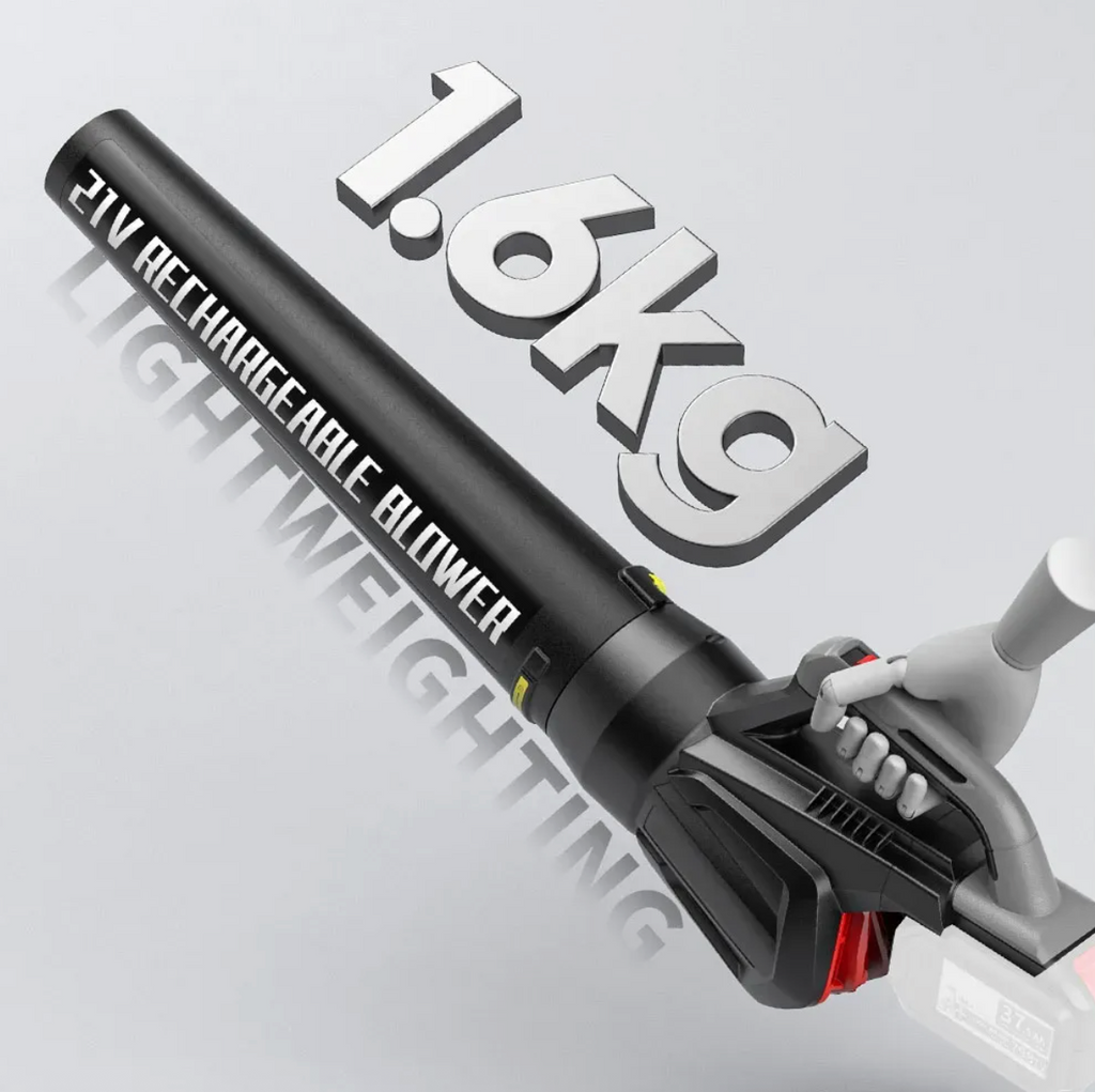 Rechargeable Nordzens Leaf Blower with weight and features on a light gray background