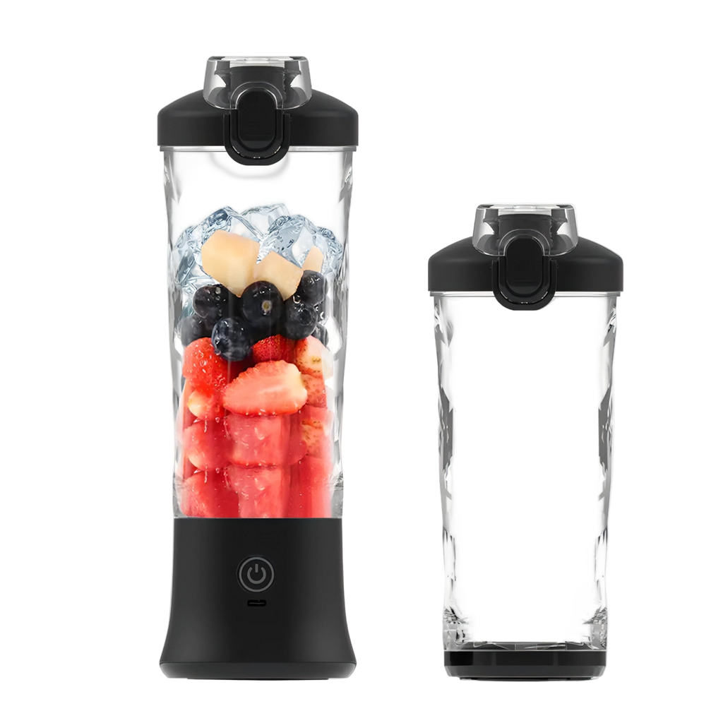 Nordzens Portable Blender with fruits and ice cubes on a white background