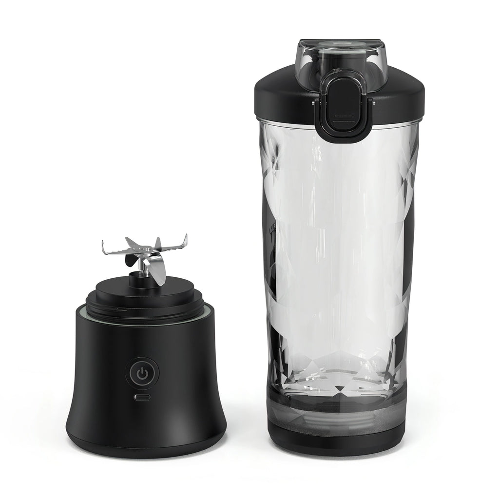 Black and transparent Nordzens Portable Blender with base on a white background