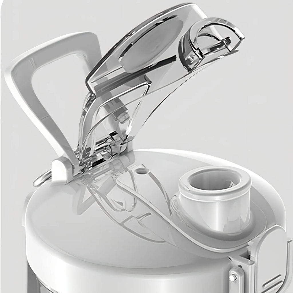 Close-up of a white water dispenser with a clear lid on a light gray background