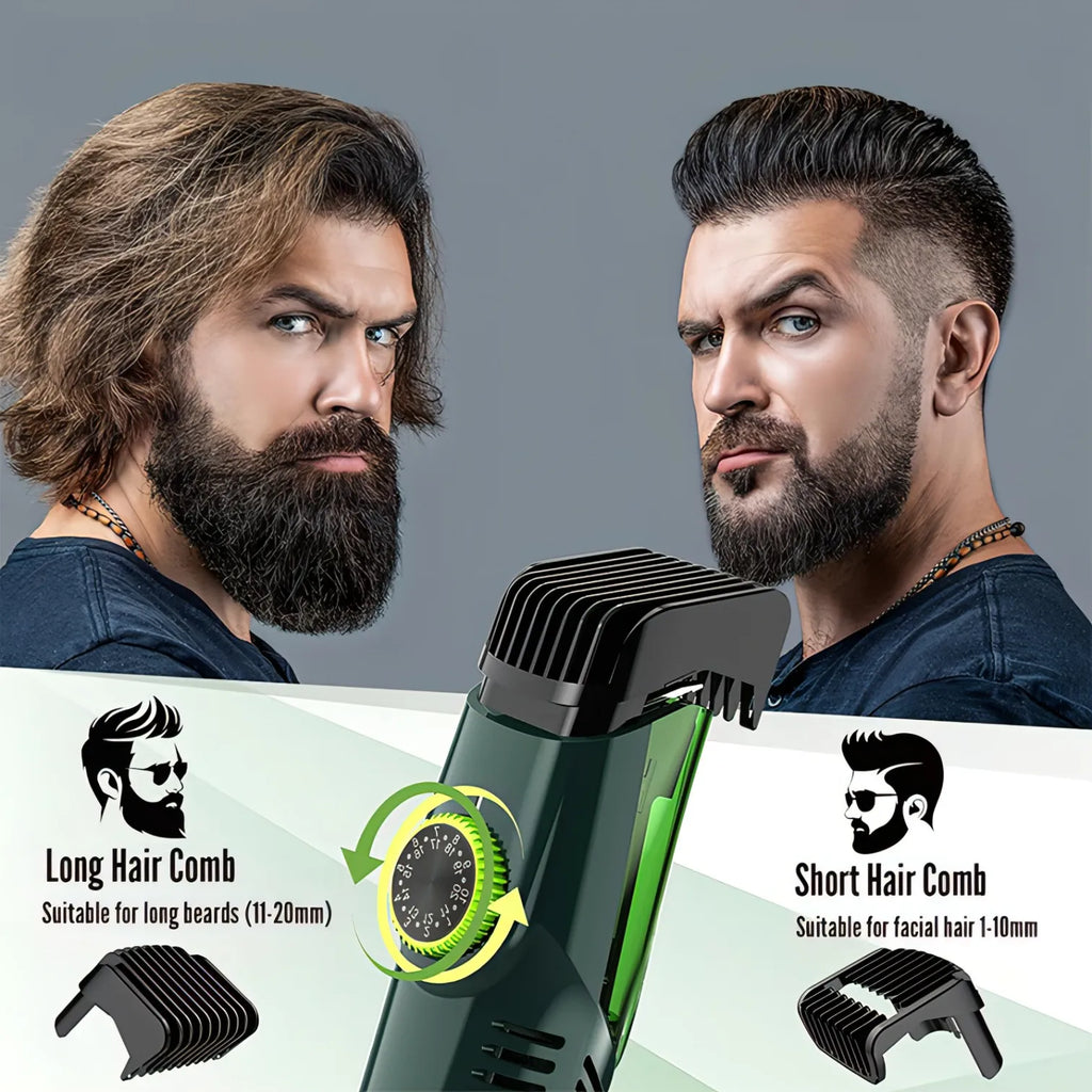 Nordzens Beard Trimmer with attachments for long and short hair, before and after use on a man with a beard.