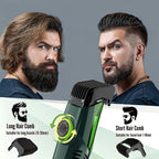 Nordzens Beard Trimmer with attachments for long and short hair, before and after use on a man with a beard.