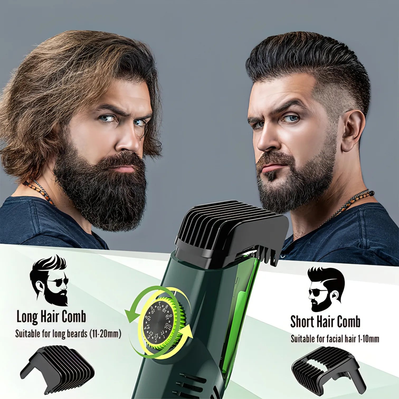 Nordzens Beard Trimmer with attachments for long and short hair, before and after use on a man with a beard.