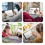 Four scenes showing people using Noventrixa Tablet for work, shopping, study, and web search.