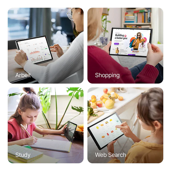 Four scenes showing people using Noventrixa Tablet for work, shopping, study, and web search.