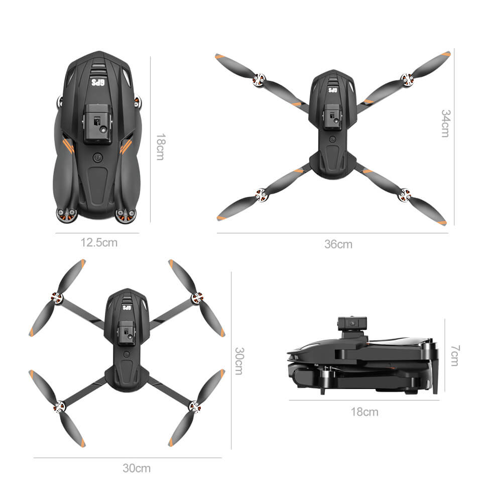 Noventrixa Drone GPS dimensions diagram - folded and unfolded size measurements
