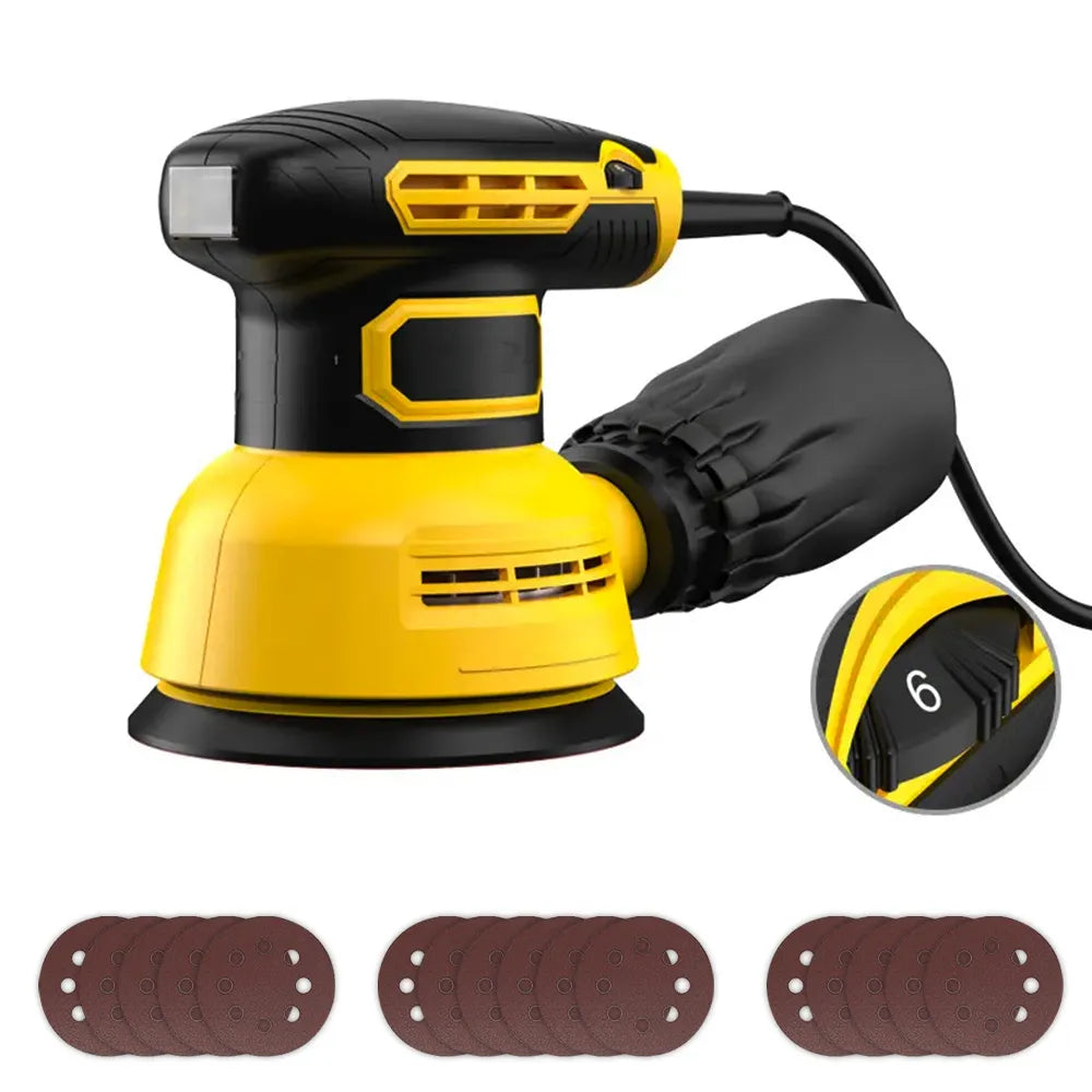Yellow and black Ocanvas Sander with sanding discs on a white background