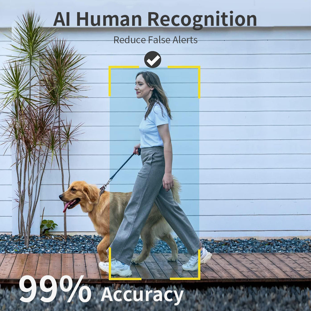 Woman walking a dog with AI human recognition technology overlay