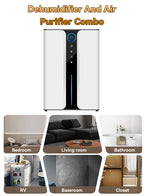 Ocanvas Dehumidifier and air purifier combo with usage scenarios shown below.