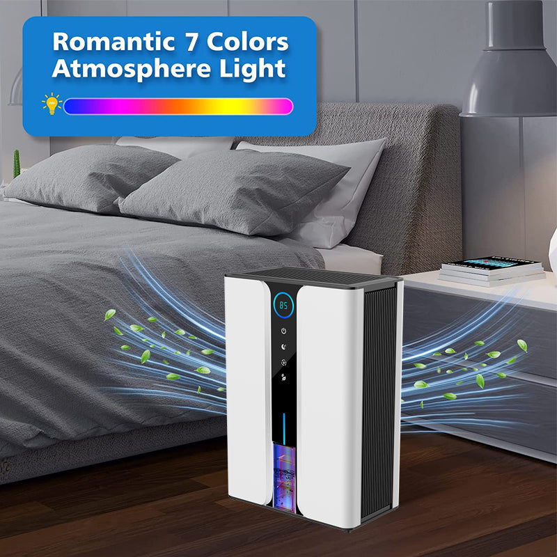 Ocanvas Dehumidifier with romantic 7 colors atmosphere light feature in a bedroom setting.