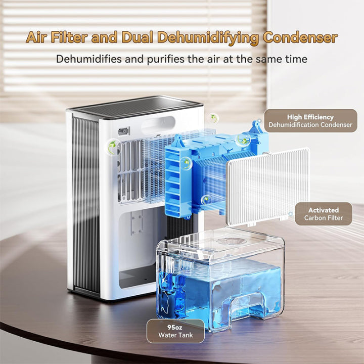 Ocanvas Dehumidifier and dual dehumidifying condenser with water tank on a wooden surface
