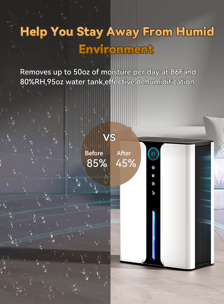 Ocanvas Dehumidifier with text highlighting its ability to remove moisture from the air, shown before and after a reduction in humidity.