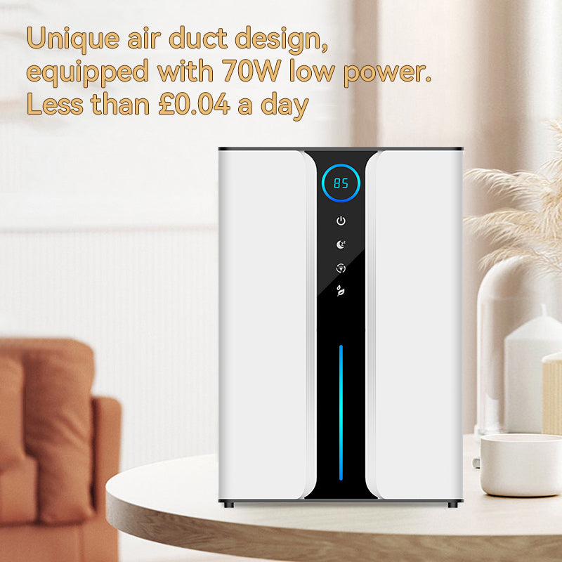 Ocanvas Dehumidifier on a table with text about its features in a living room setting