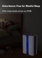 Sleep Ocanvas Dehumidifier in a bedroom setting with text about noise levels.