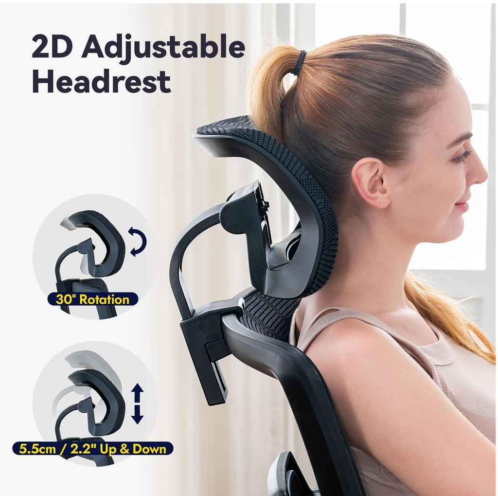 Woman using a 2D adjustable headrest Ocanvas Office Chair with text and icons showing its features.