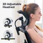 Woman using a 2D adjustable headrest Ocanvas Office Chair with text and icons showing its features.
