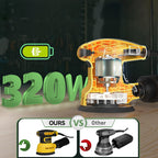 Ocanvas Orbital Sander with '320W' text and comparison graphic on a dark background
