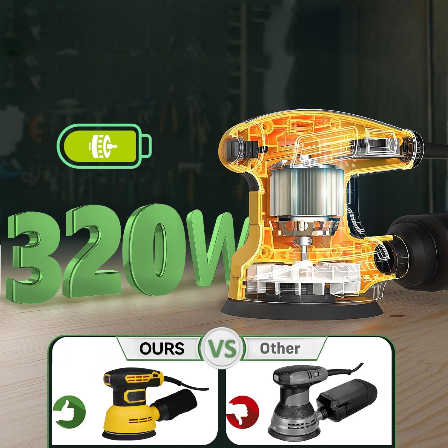 Ocanvas Orbital Sander with '320W' text and comparison graphic on a dark background