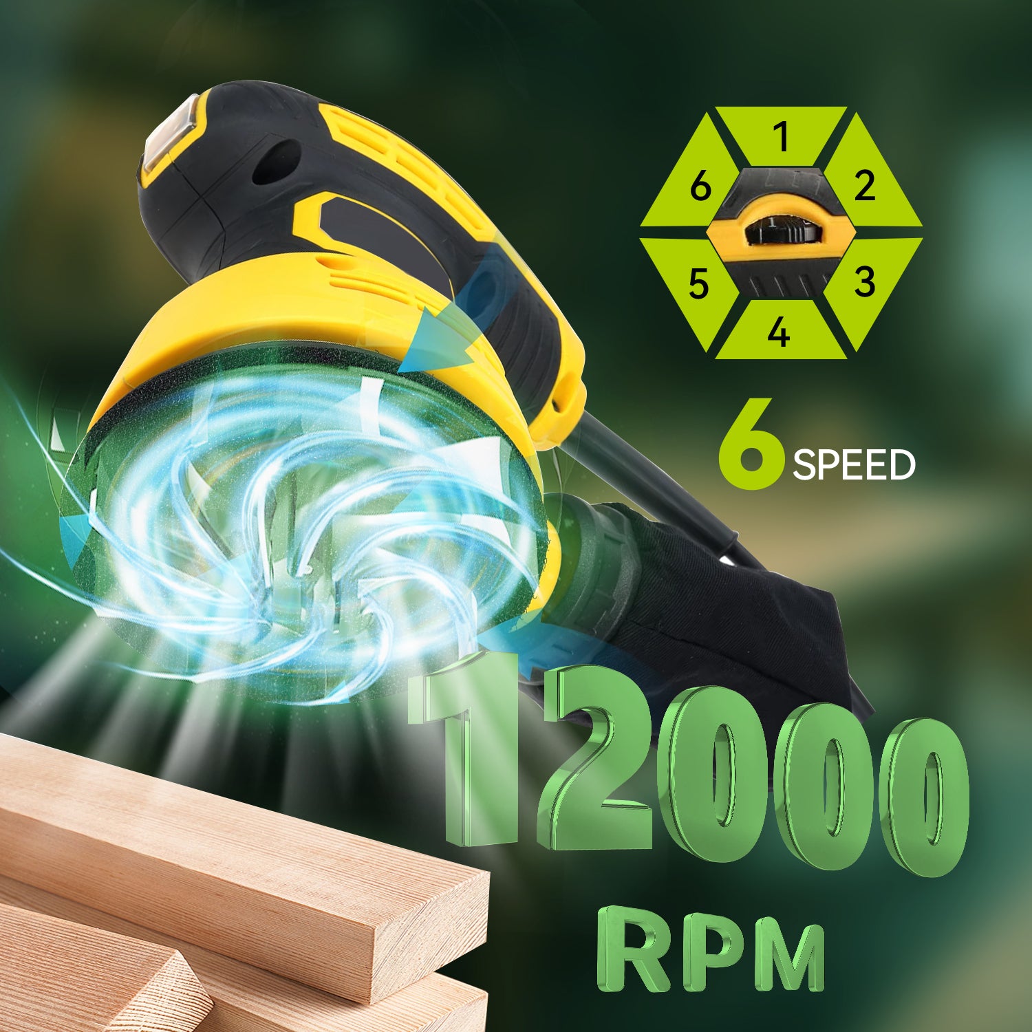Ocanvas Orbital Sander Saw with 6-speed indicator and 12000 RPM text on a green background