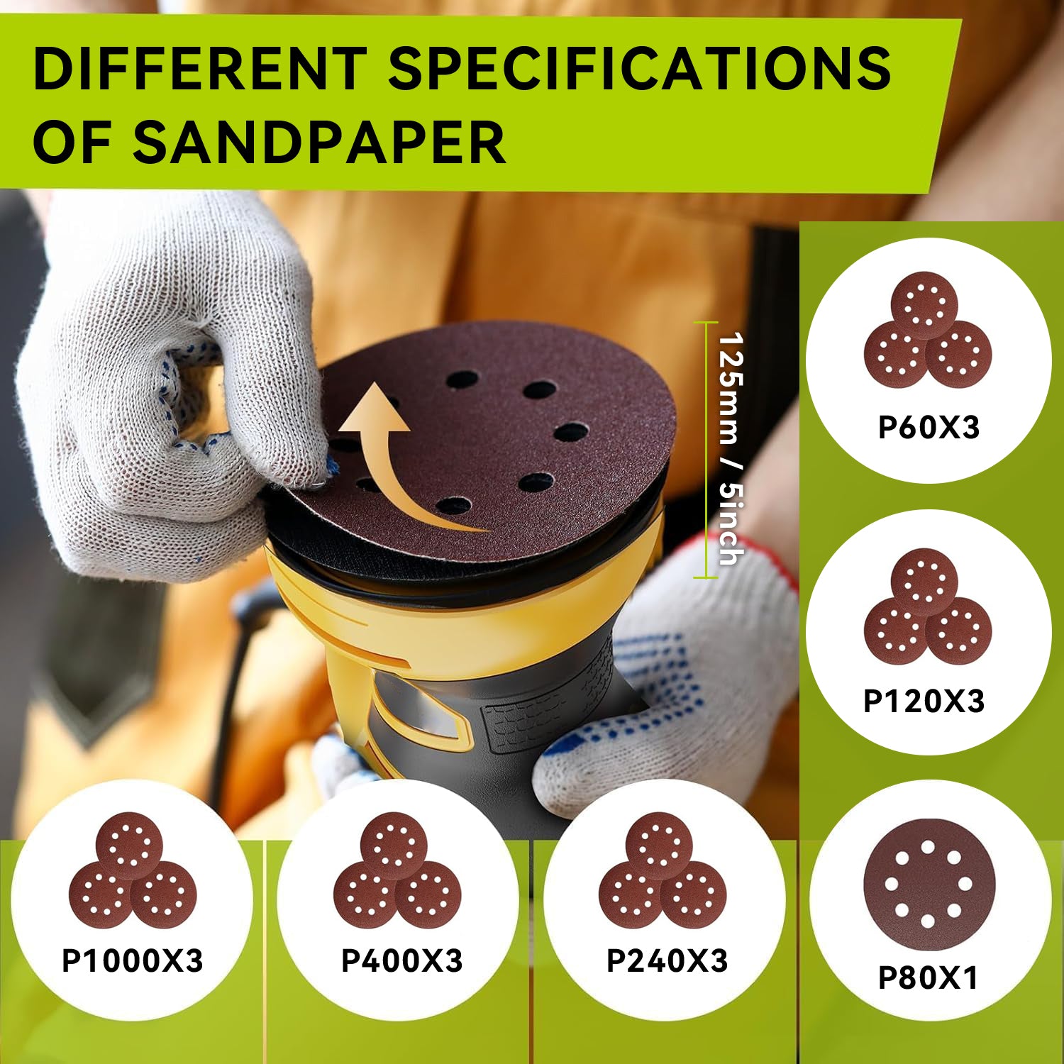 Sandpaper with different grit specifications shown on a green background