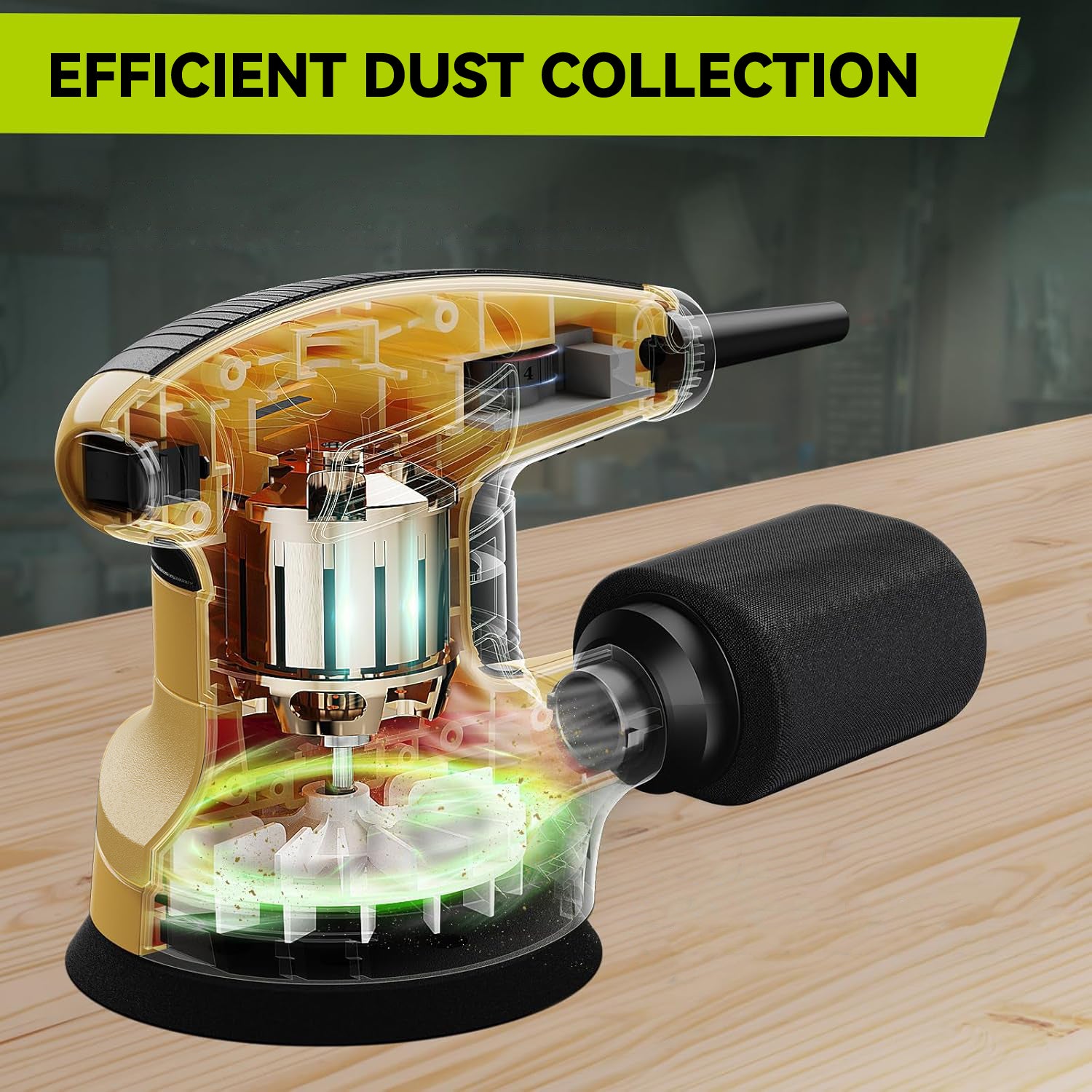 Ocanvas Sander 320W with transparent casing on a wooden surface, highlighting efficient dust collection.