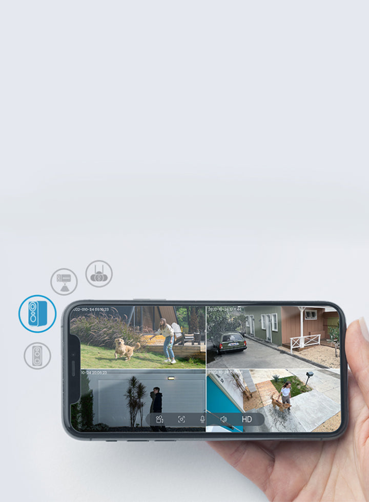 Smartphone displaying multiple camera views on a white background
