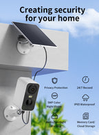 Solar-powered Ocanvas Security Camera system with features listed on a blue sky background