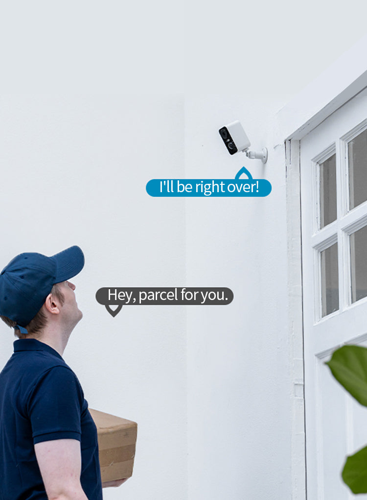 Man delivering a package with text indicating he will be back and there is a parcel for him.