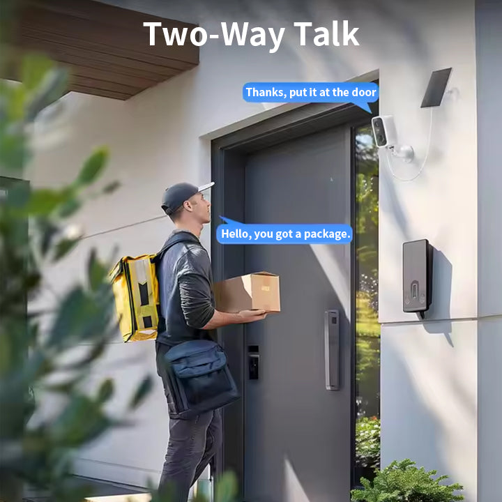 Person with a package standing outside a house with Ocanvas Security Camera system.
