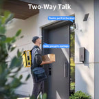 Person with a package standing outside a house with Ocanvas Security Camera system.
