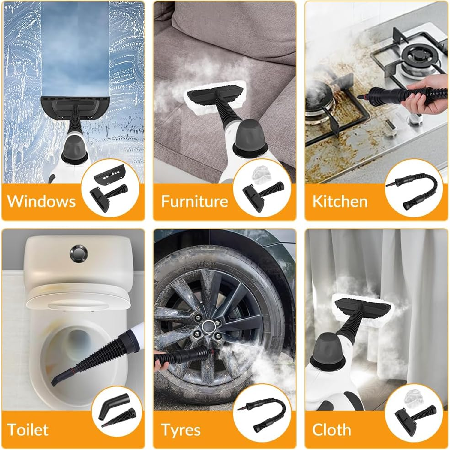 Oliventa Handheld Steam Cleaner tool used on various surfaces including windows, furniture, kitchen, toilet, tyres, and cloth.