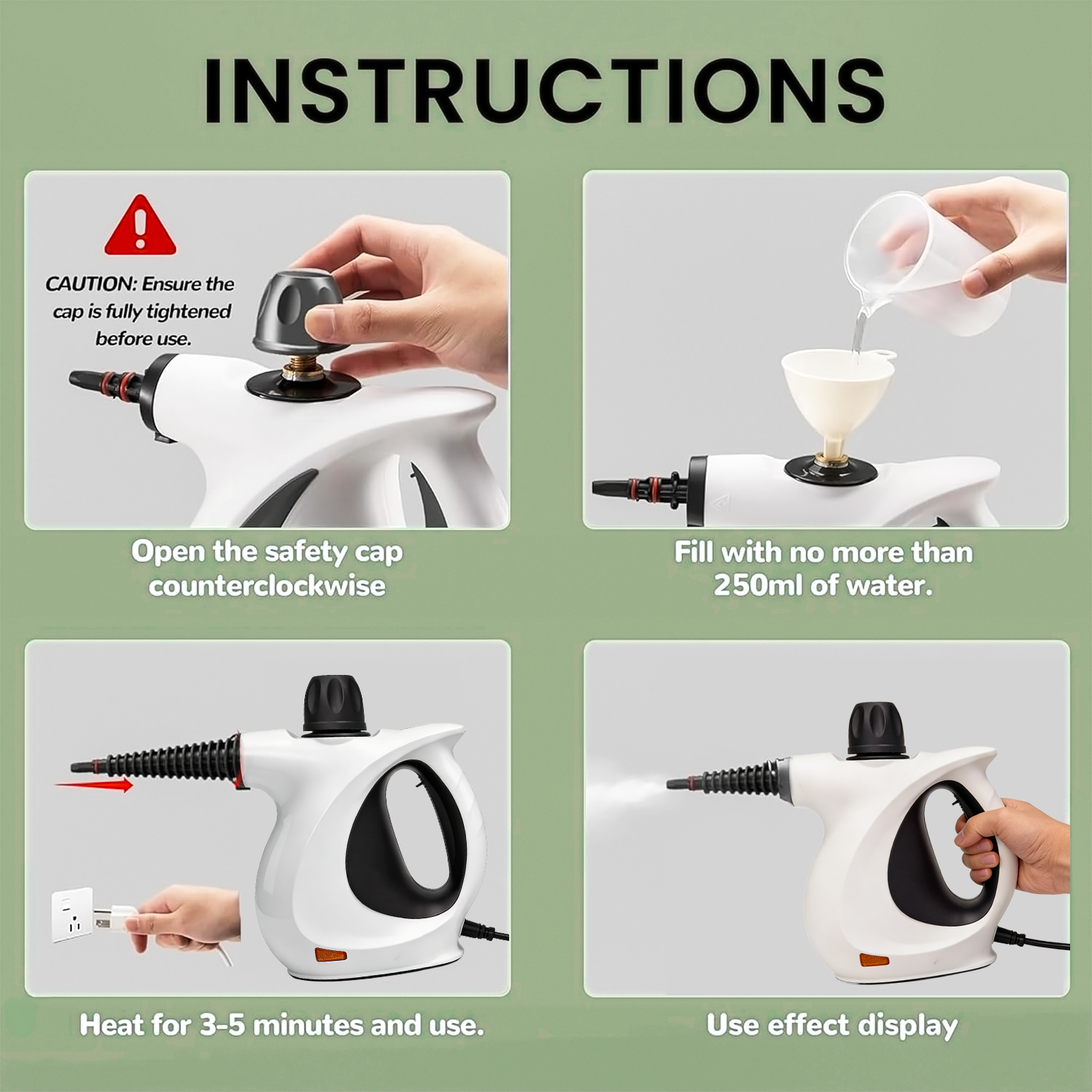 Instructions for using a Oliventa Handheld Steam Cleaner with safety precautions and usage steps.