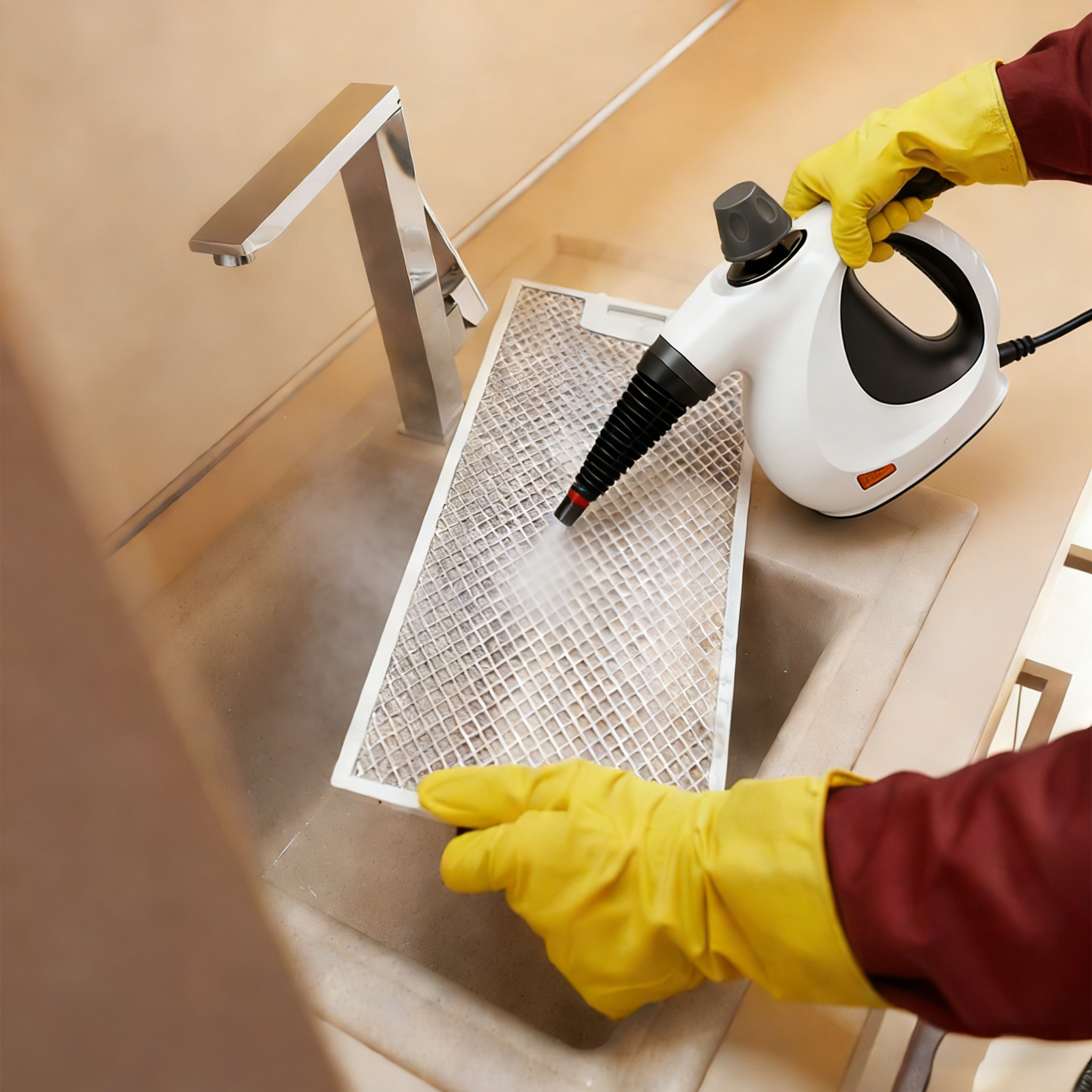 Person Oliventa Handheld Steam Cleaner a kitchen filter with a steam cleaner and yellow gloves.