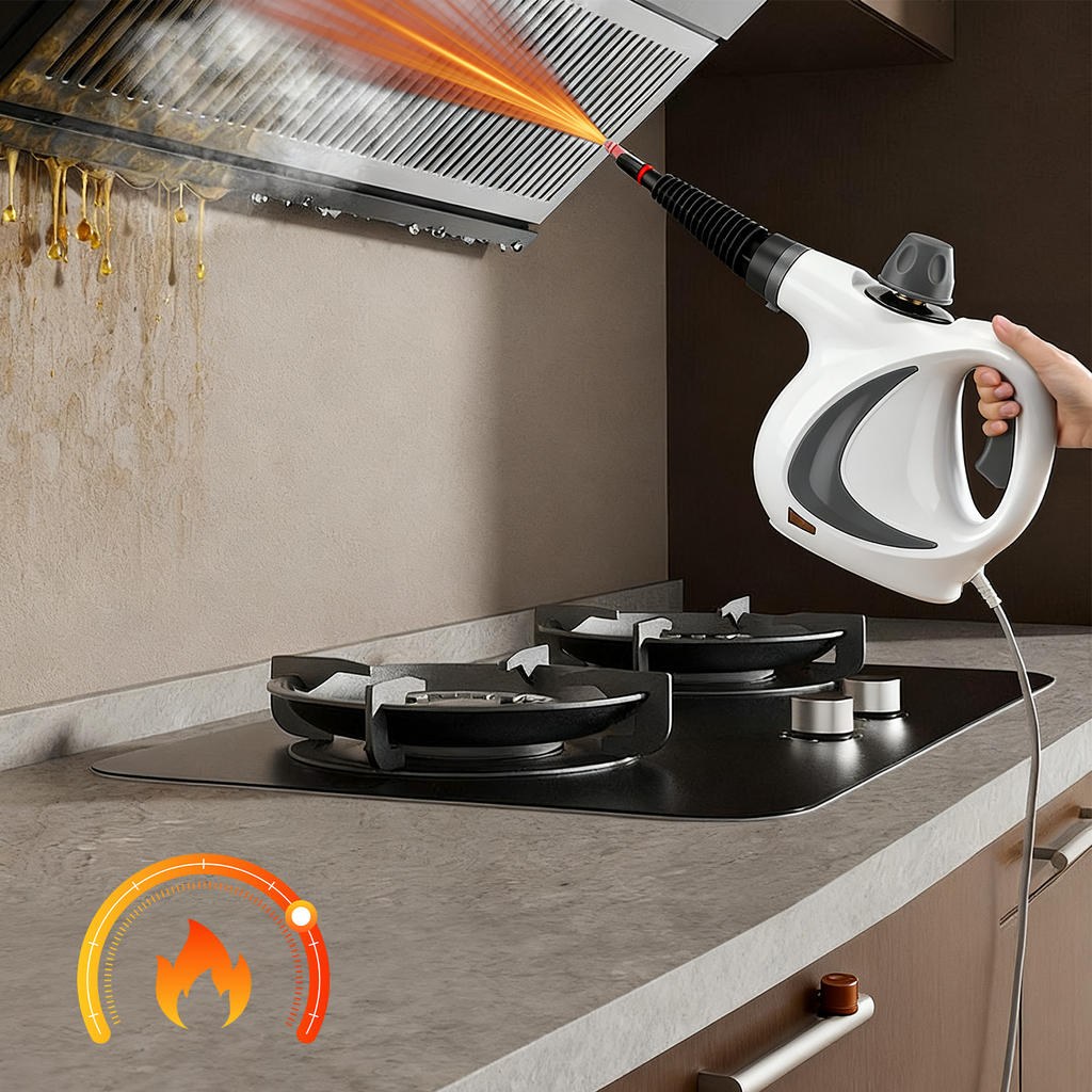 Person using a Oliventa Handheld Steam Cleaner on a kitchen stove with a flame icon.