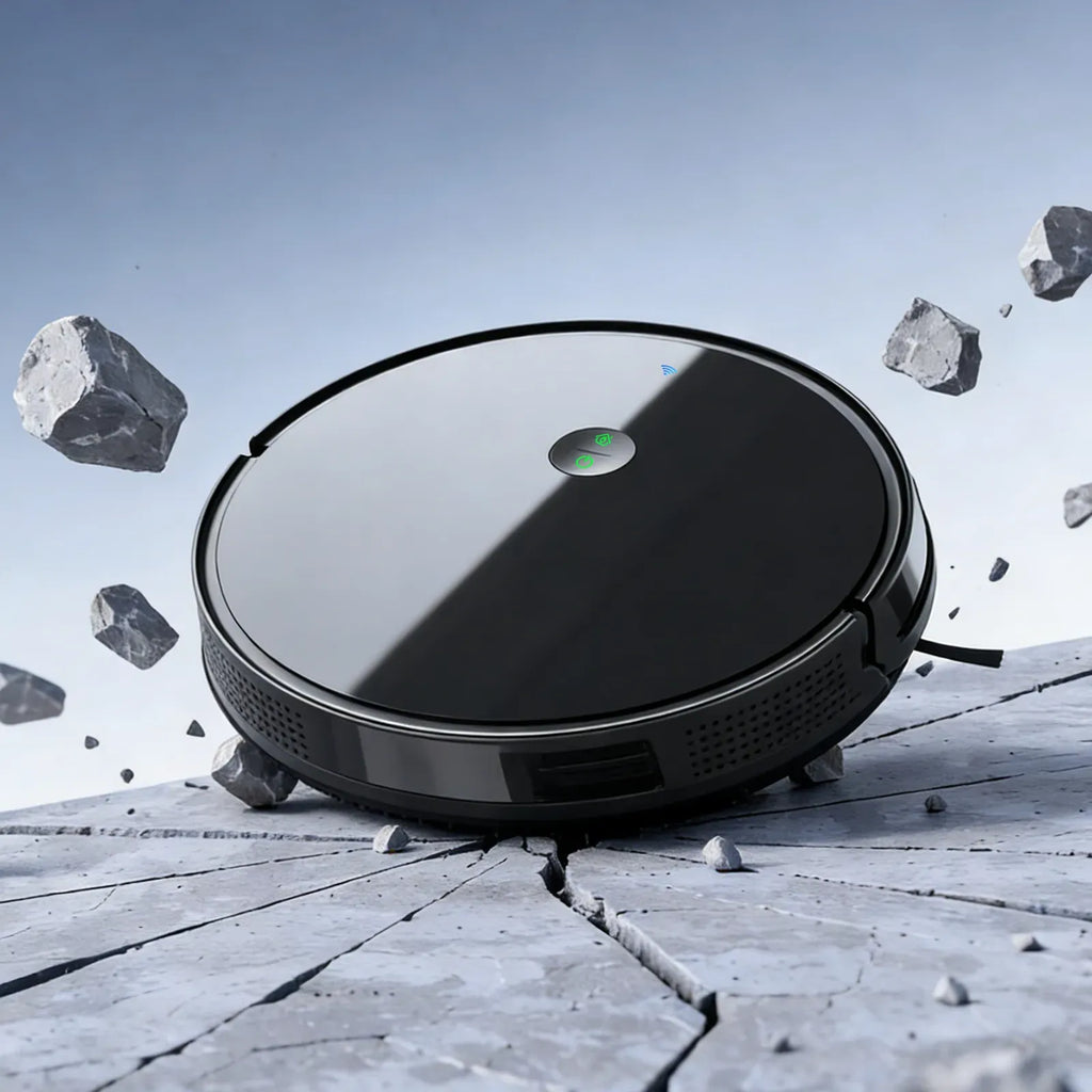 Orazum Robot Vacuum on a wooden floor with a blue gradient background