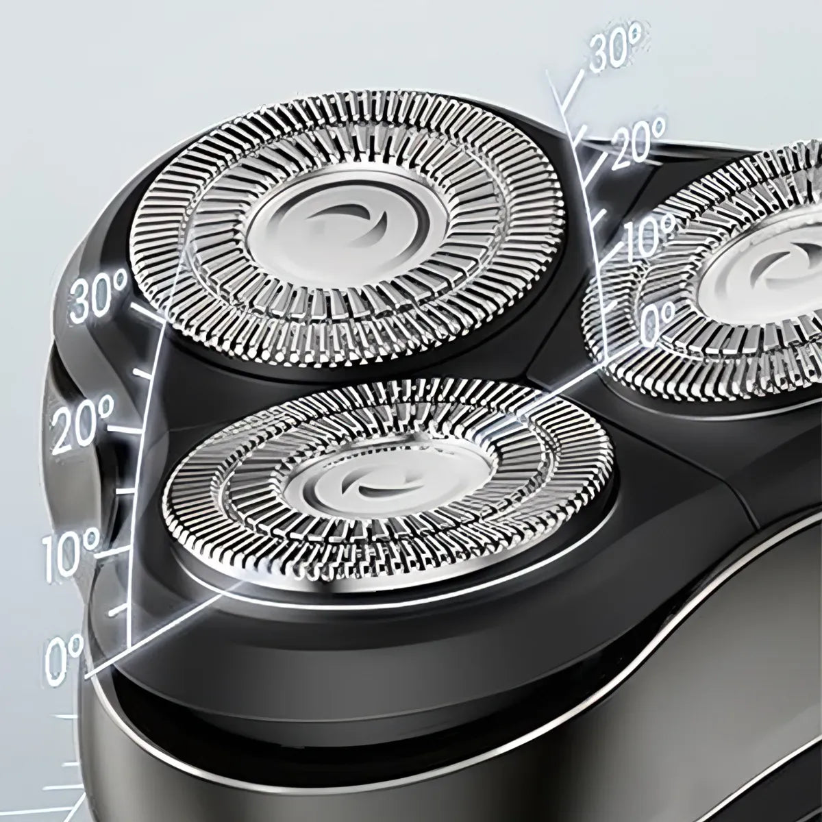 Close-up of a black Oreliom ProCut Electric Shaver with rotating heads on a light gray background